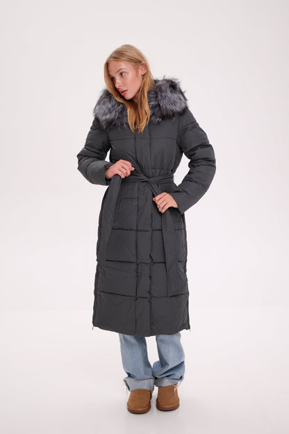 Genuine Silver Fox Belted Winter Insulated Coat