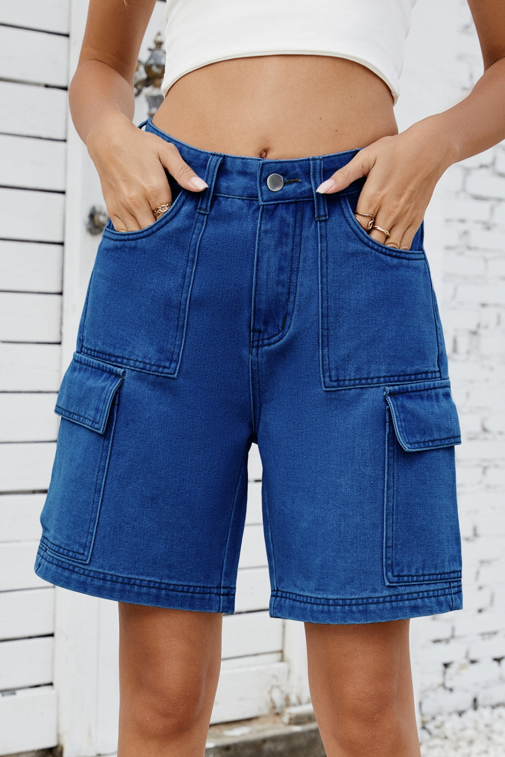High Rise Denim Shorts with Cargo Pockets Dark