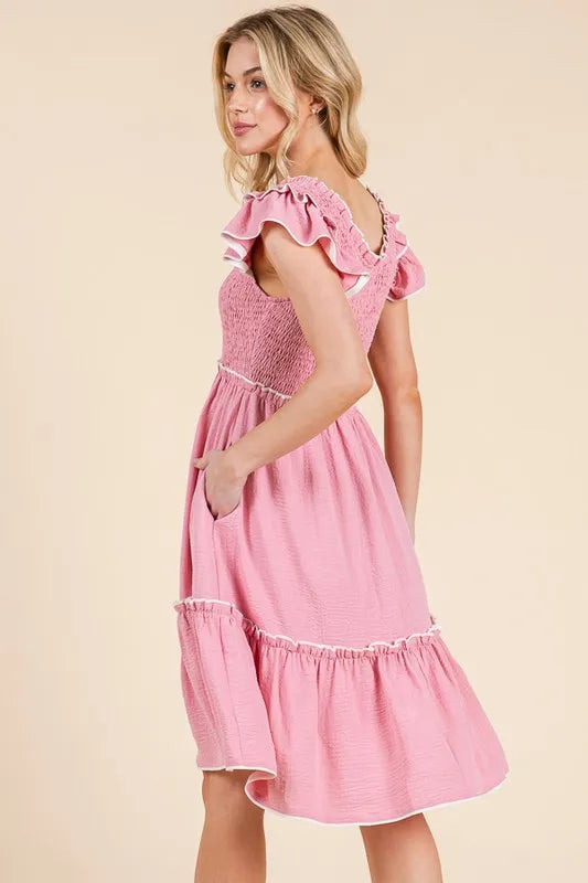 Lime 'N' Chili Ruffle Trim Smocked Dress with Contrast