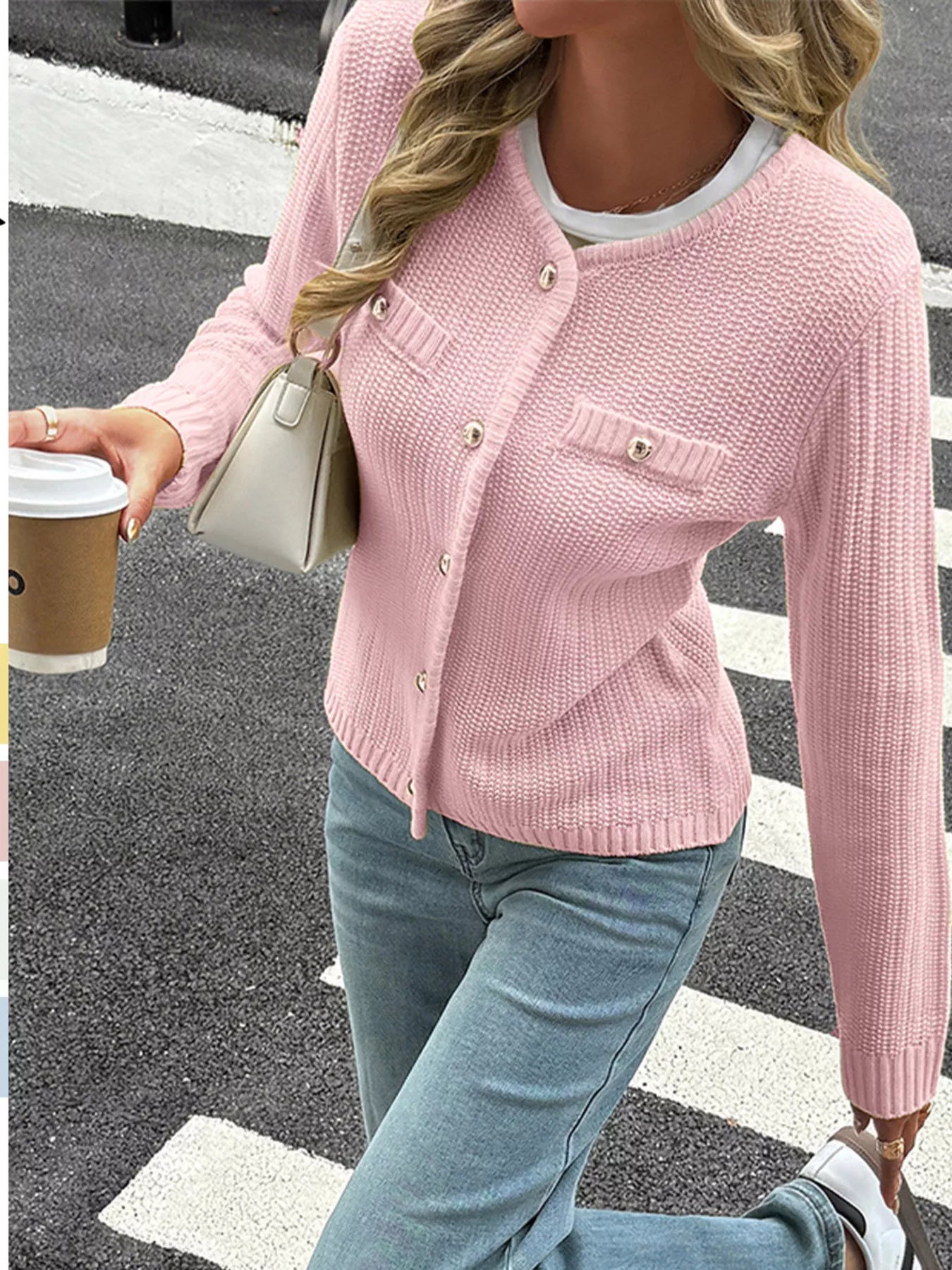 Button-Front Ribbed Long Sleeve Cardigan Pink