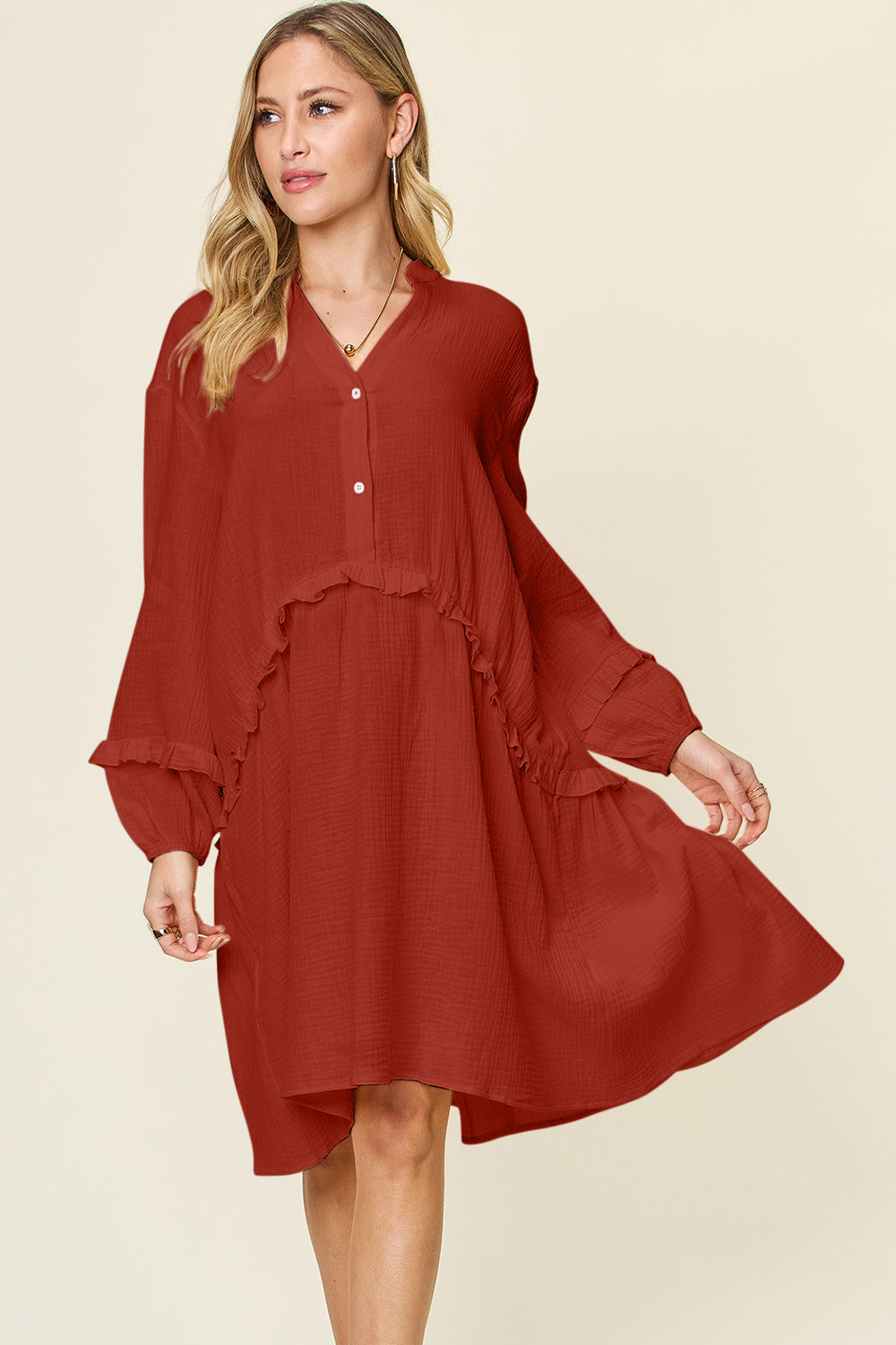 Textured Half-Button Ruffle Trim Dress Terracotta