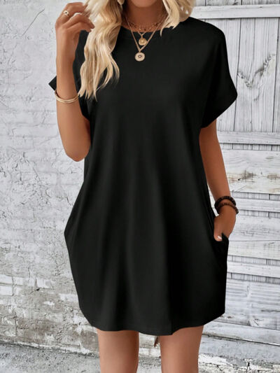 Round Neck Short Sleeve Mini Tee Dress with Pockets