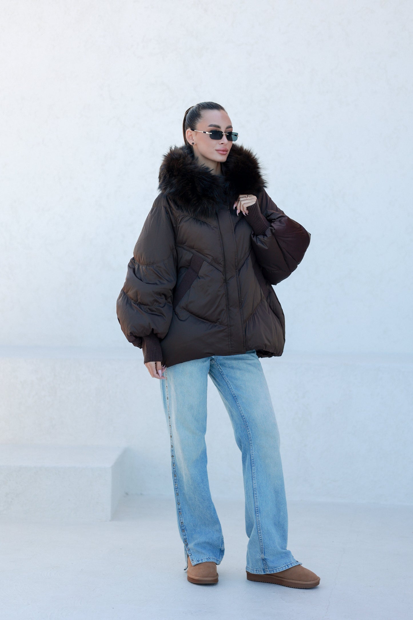 Chantal Genuine Fur Trim Down Fill Coat in Chocolate