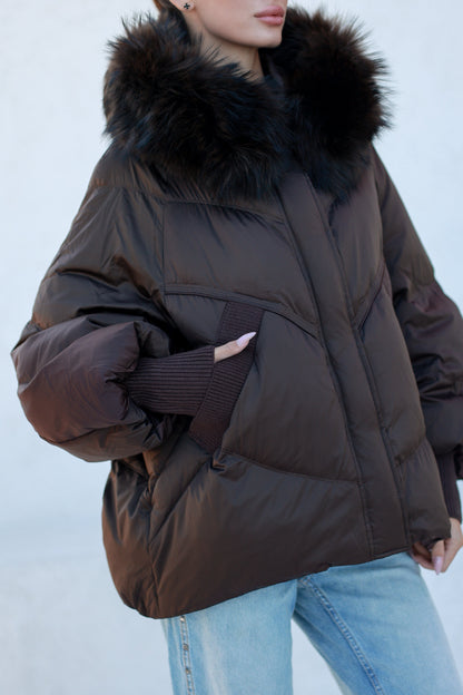 Chantal Genuine Fur Trim Down Fill Coat in Chocolate