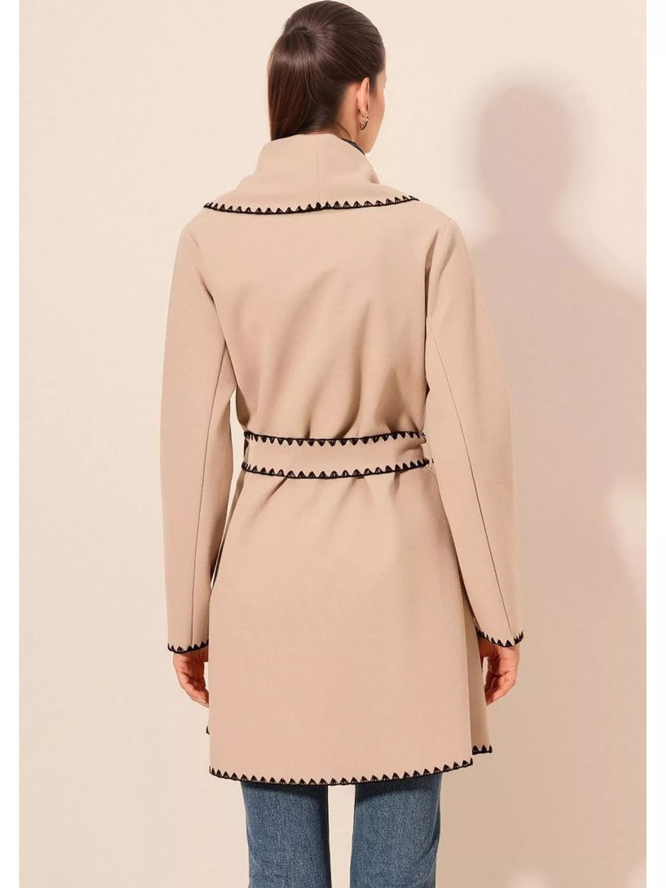 Contrast Trim Tie Waist Outerwear