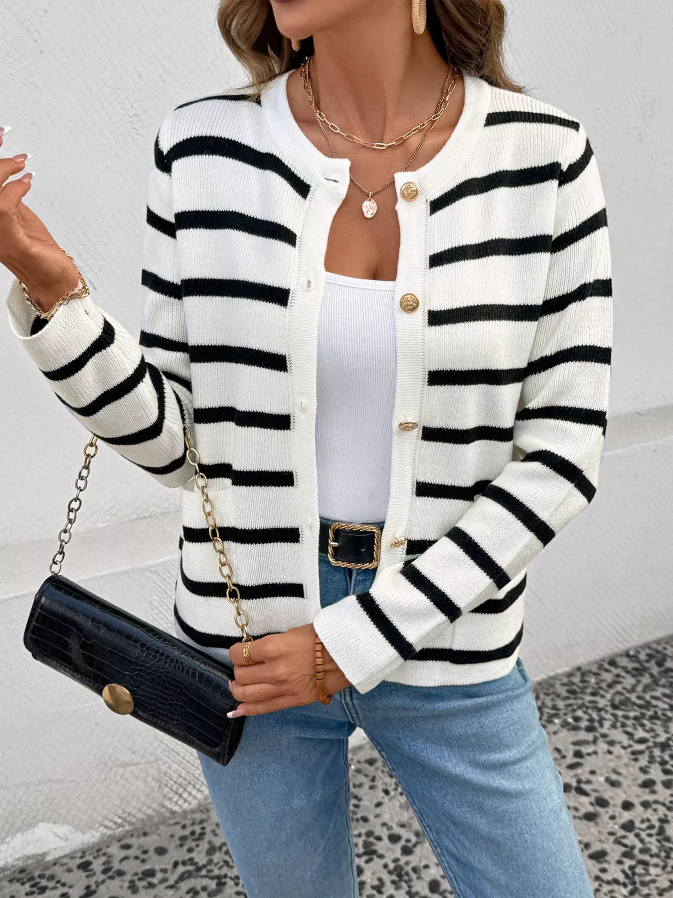 Striped Button-Front Cardigan Black