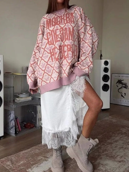 Letter Round Neck Long Sleeve Sweater