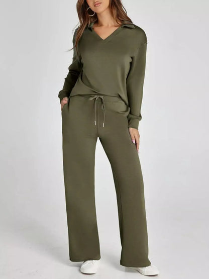 Full Size Johnny Collar Long Sleeve Top and Pants Plus Size Army Green