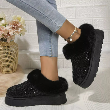 Sequin Round Toe Platform Boots Black