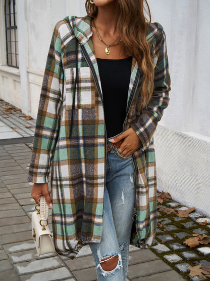 Devine Plaid Zip Up Hooded Coat Dark Green