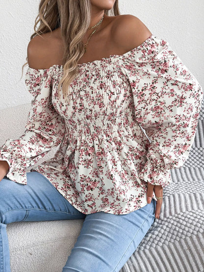 Full Size Floral Print Smocked Long Sleeve Blouse Plus Size White