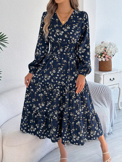 Floral Print Long Sleeve V-Neck Midi Dress