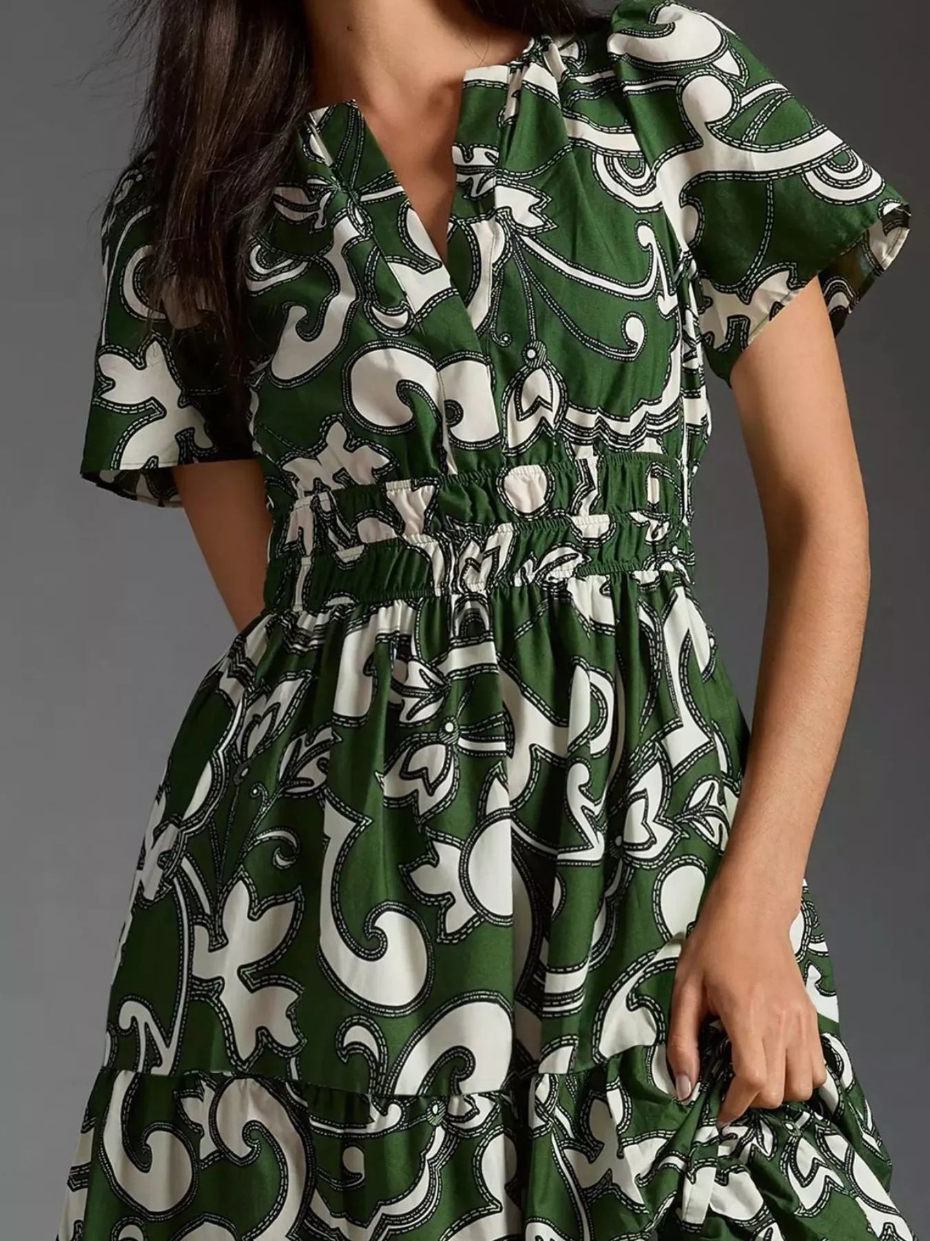 Printed Notched Short Sleeve Dress Green