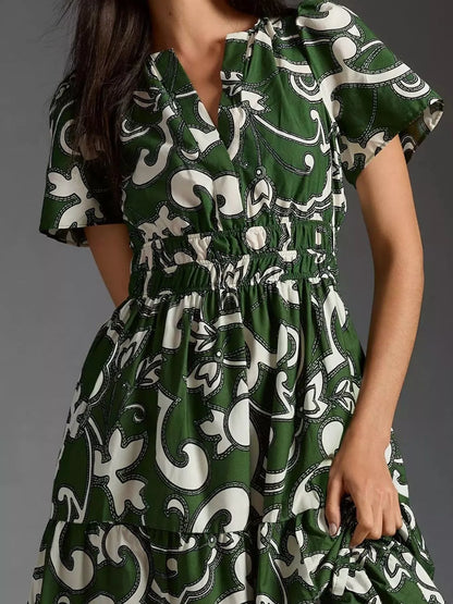 Printed Notched Short Sleeve Dress Green