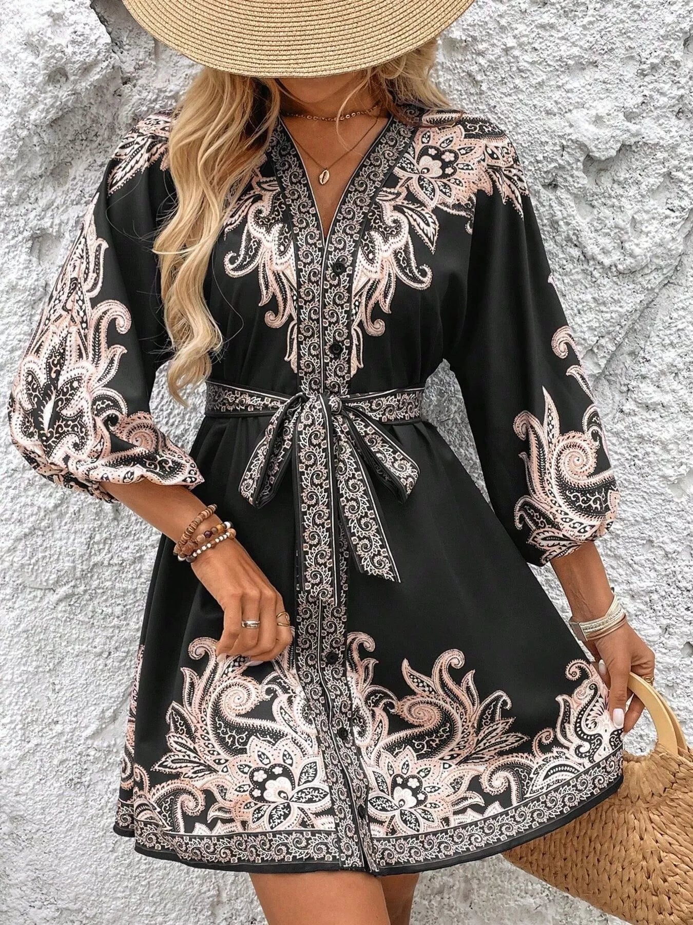 Printed Balloon Sleeve Mini Dress