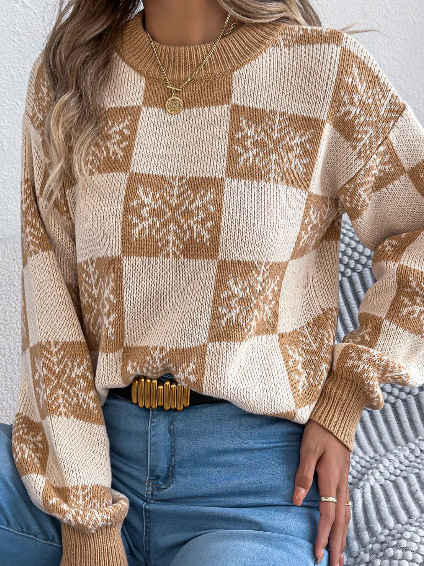 Christmas Snowflake Checkered Round Neck Sweater Khaki