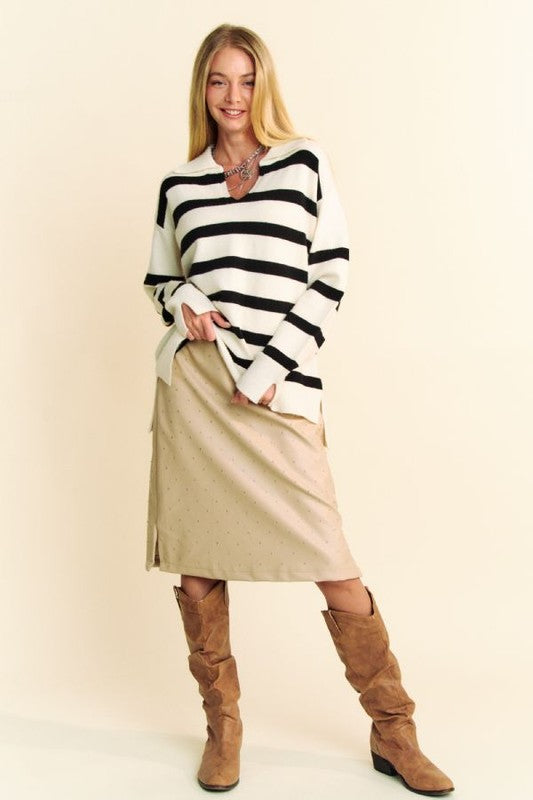 Back To School Sweater - Davi & Dani High-Low Side Slit Striped Johnny Collar Sweater