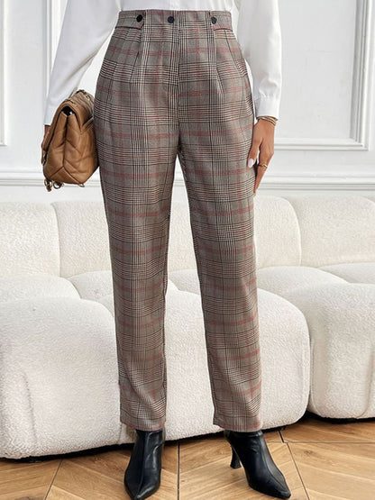 Perfee Plaid Straight Pants with Pockets Taupe