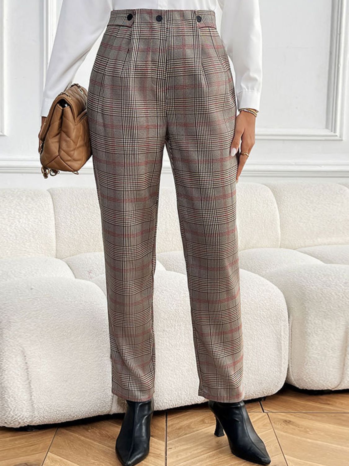 Perfee Plaid Straight Pants with Pockets Taupe