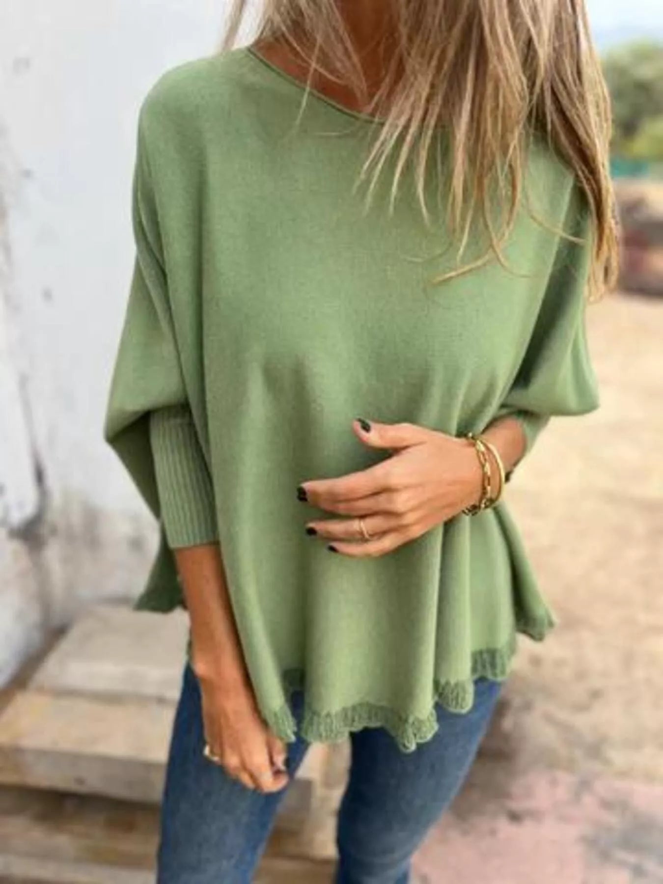 Full Size Round Neck Long Sleeve Knit Top with Lace Trim Plus Size Green