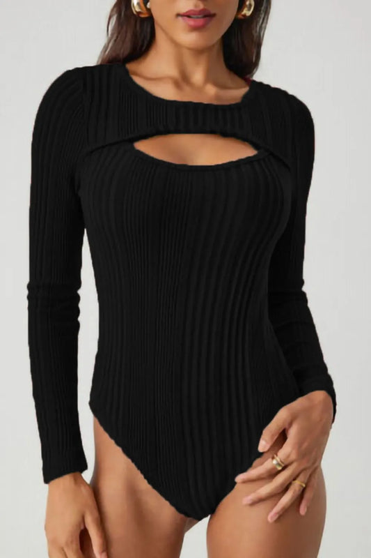 Ribbed Cutout Round Neck Bodysuit Black