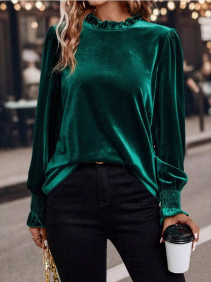 Velvet Ruffle Trim Blouse