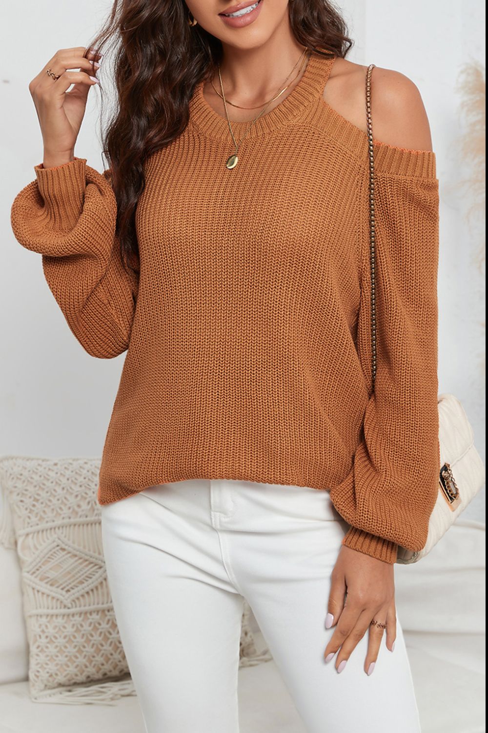 Back To School Sweater - Cutout Back Cold Shoulder Long Sleeve Sweater