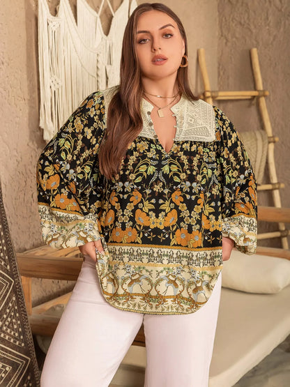 Plus Size Floral Print Notched Blouse