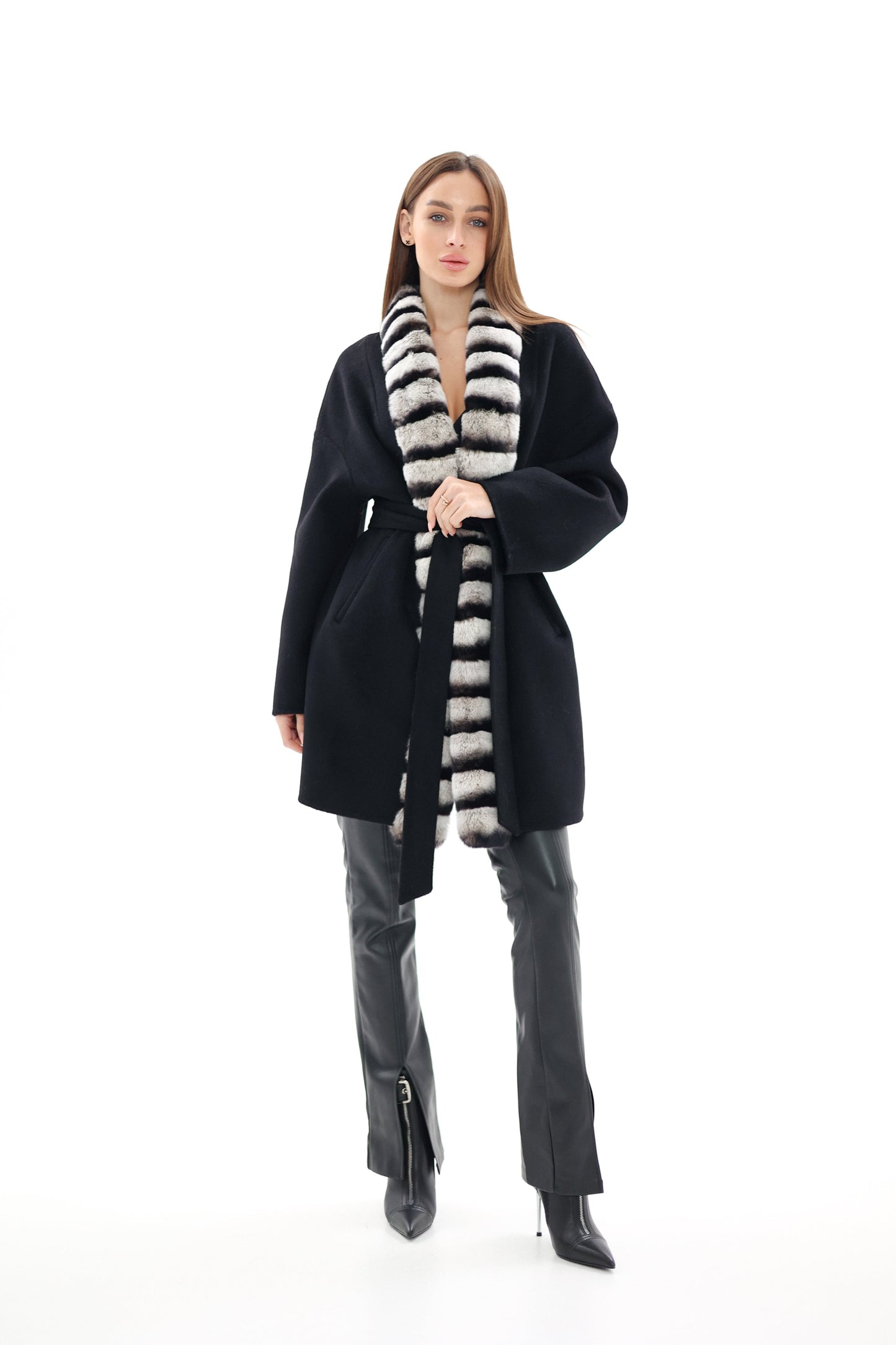 Genuine French Orylag Fur Italian Cashmere Wool Coat 85cm