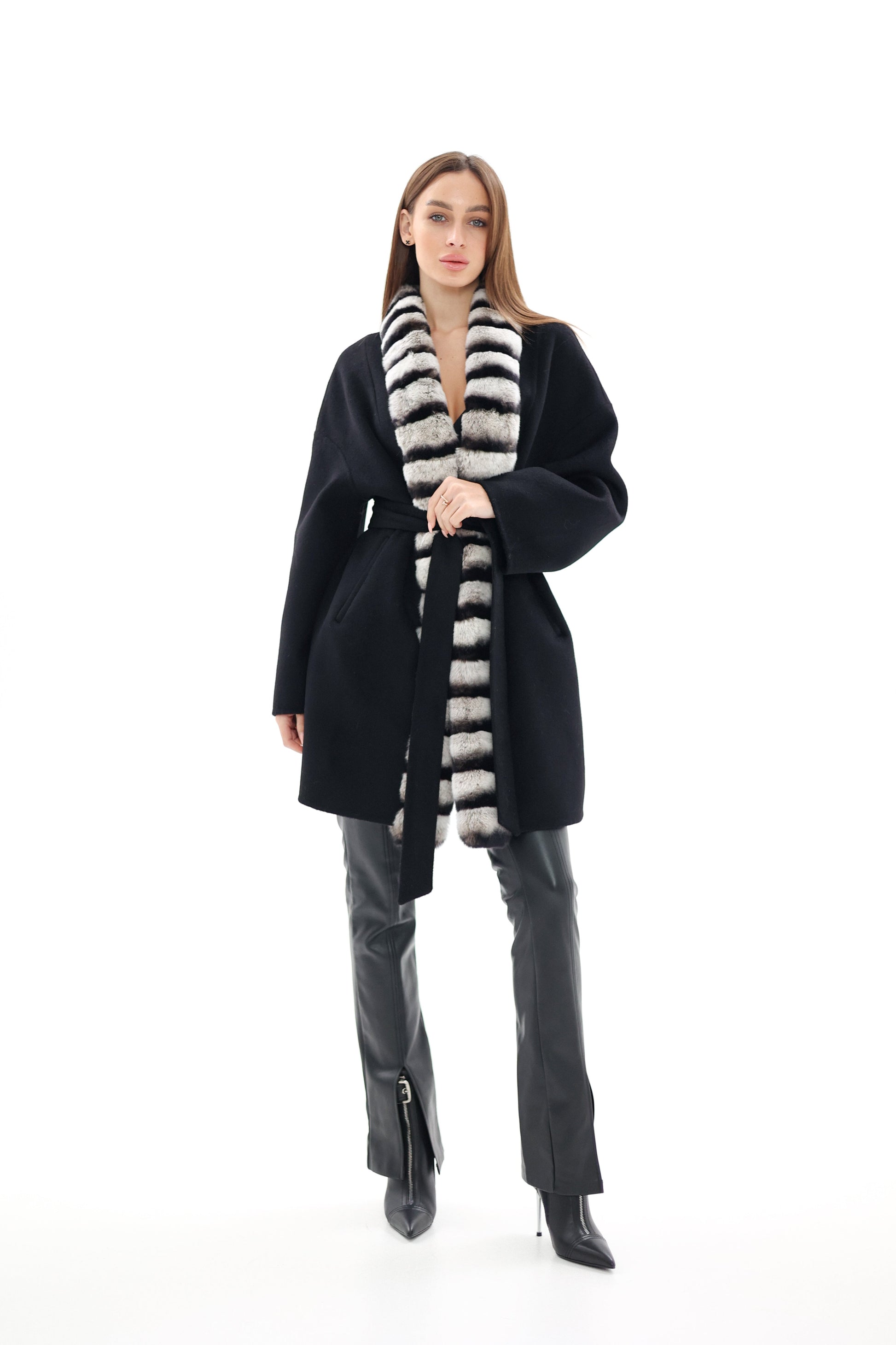 Genuine French Orylag Fur Italian Cashmere Wool Coat 85cm