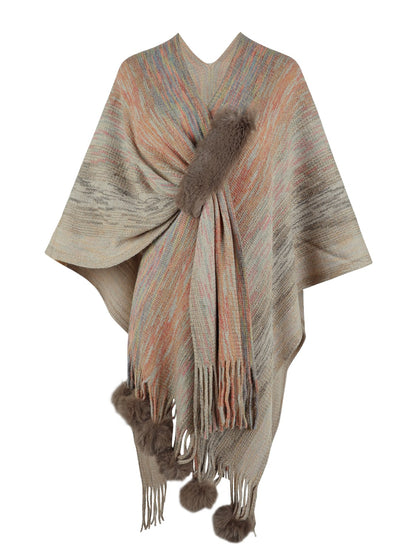 Heathered Fringe Hem Poncho Khaki One Size