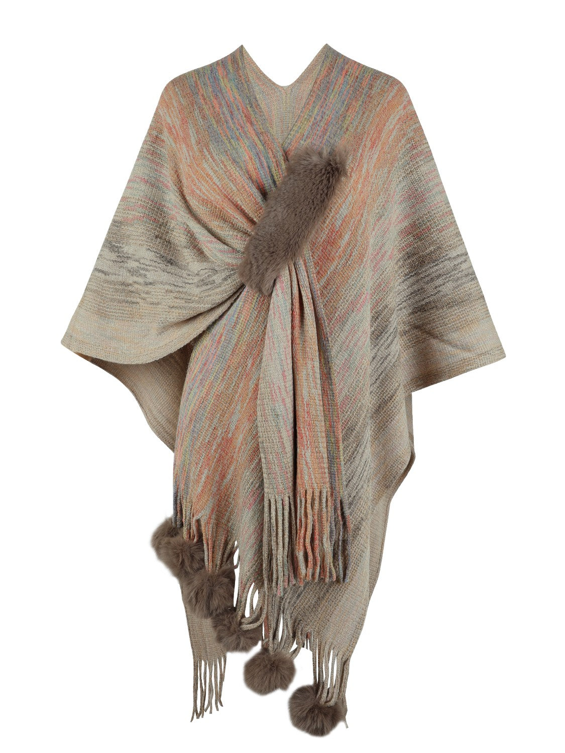 Heathered Fringe Hem Poncho Khaki One Size