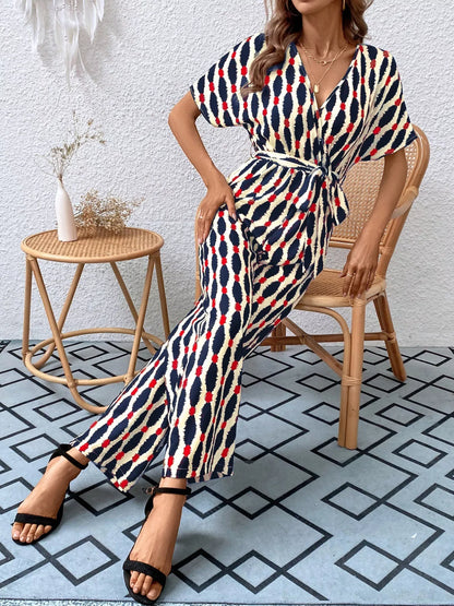 Printed Surplice Tie Waist Short Sleeve Jumpsuit