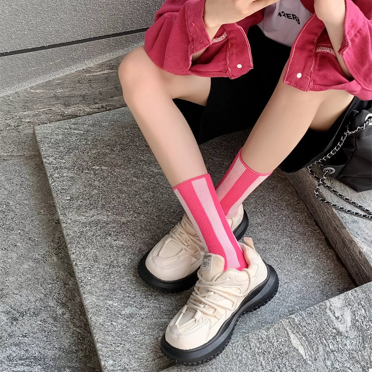 Contrast Striped Crew Socks Pink One Size