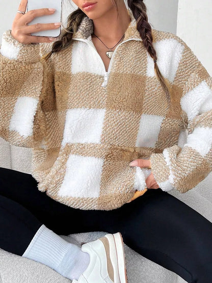 Full Size Plaid Sherpa Long Sleeve Sweatshirt Plus Size