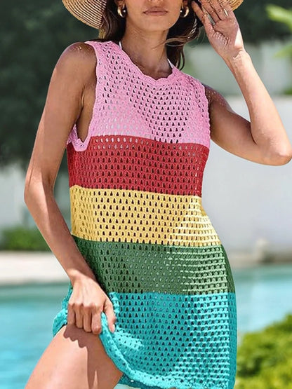 Color Block Openwork Sleeveless Cutout Back Cover-Up