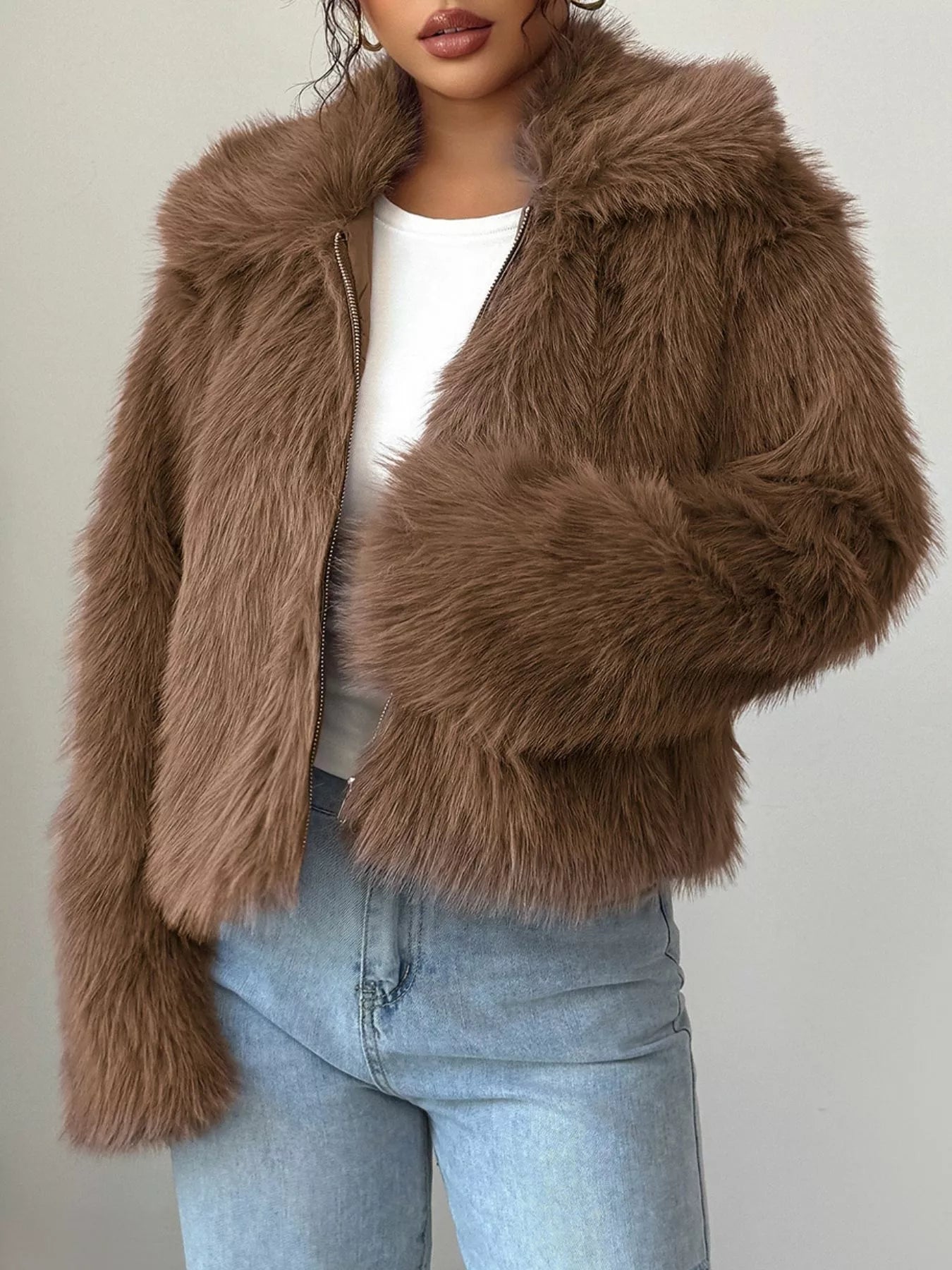 Fuzzy Zip Up Cropped Outerwear Brown