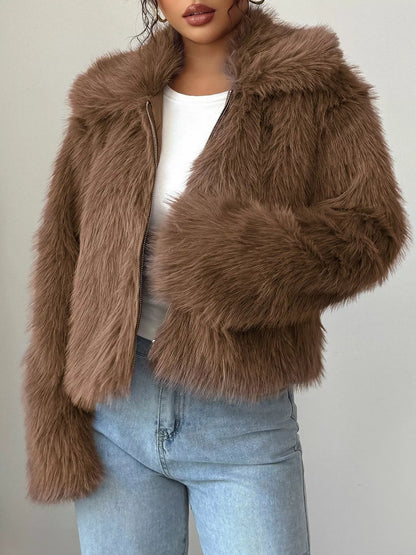Fuzzy Zip Up Cropped Outerwear Brown