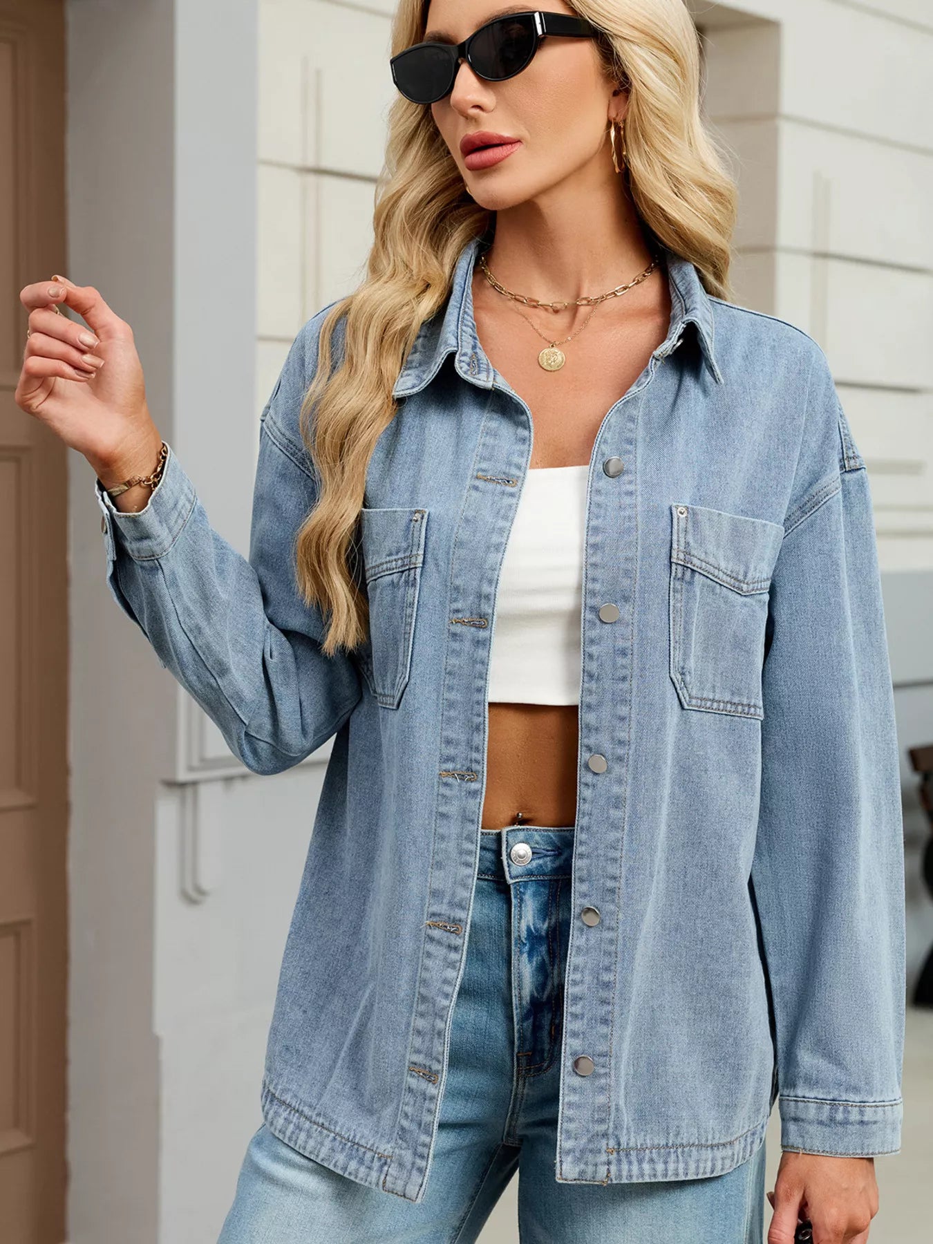 Button Up Dropped Shoulder Denim Jacket