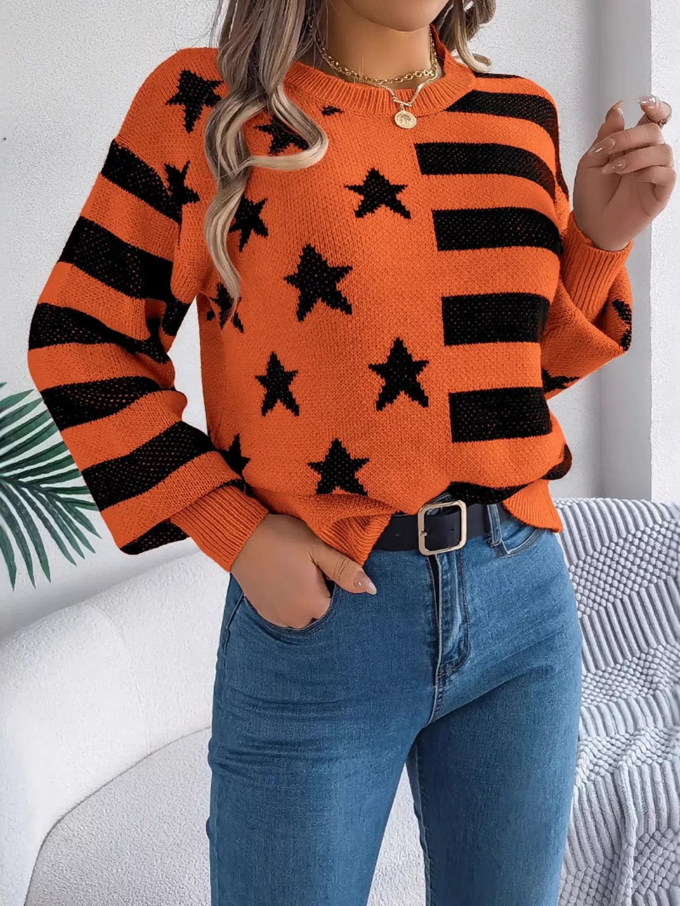 Stars and Stripes Pattern Casual Round Neck Sweater Orange