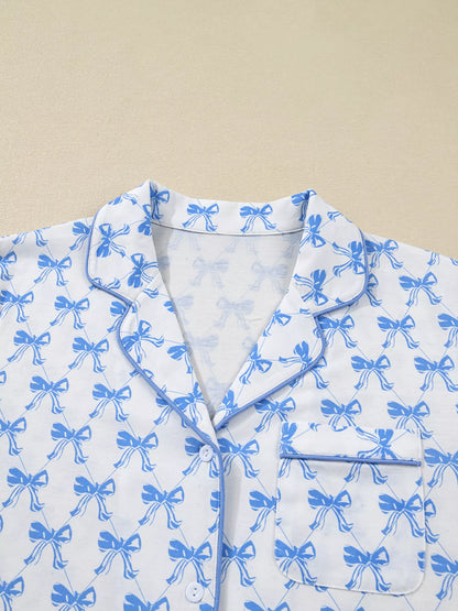 Bow Print Long Sleeve Shirt and Pants Pajama Set