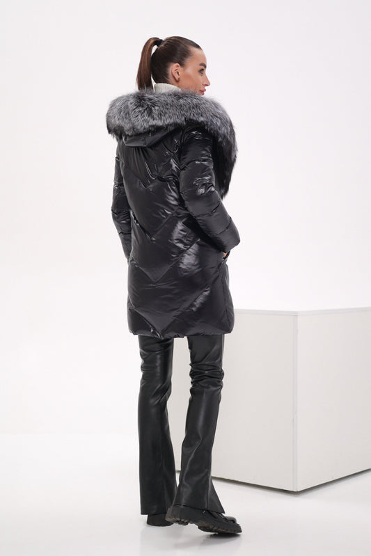 Genuine Silver Fox Fur Down Fill Coat