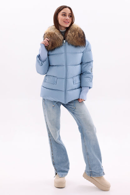 Genuine Fur Trim Down Fill Coat in Blue Blue
