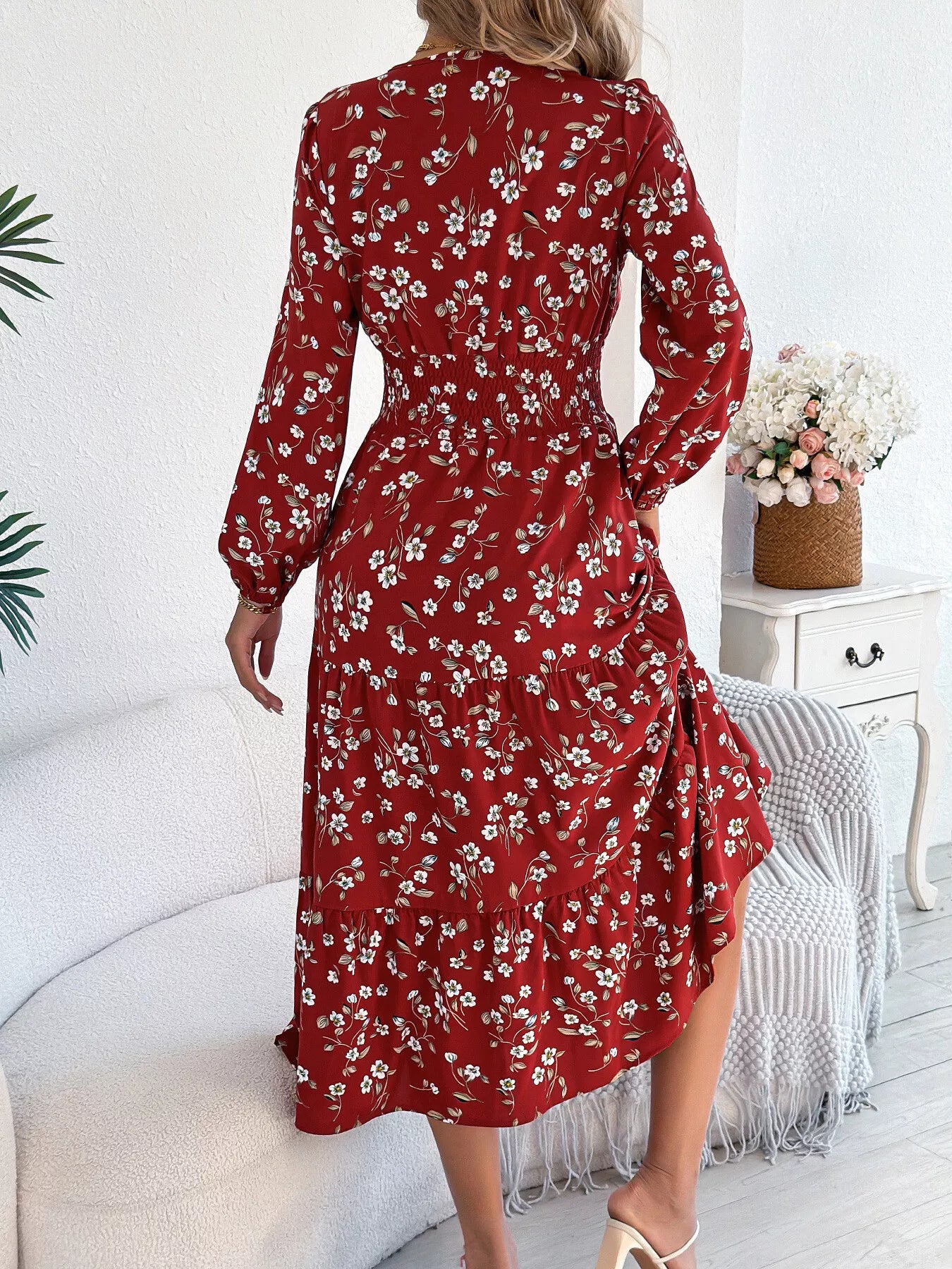 Floral Print Long Sleeve V-Neck Midi Dress