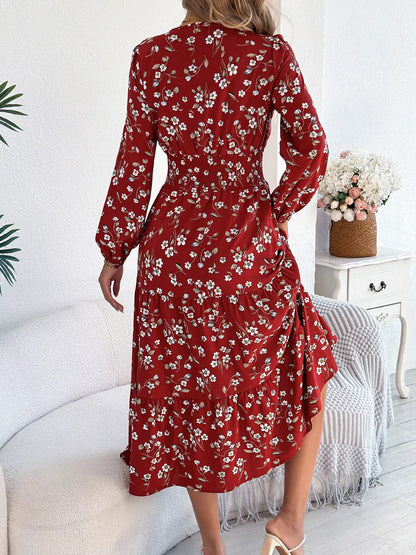 Floral Print Long Sleeve V-Neck Midi Dress