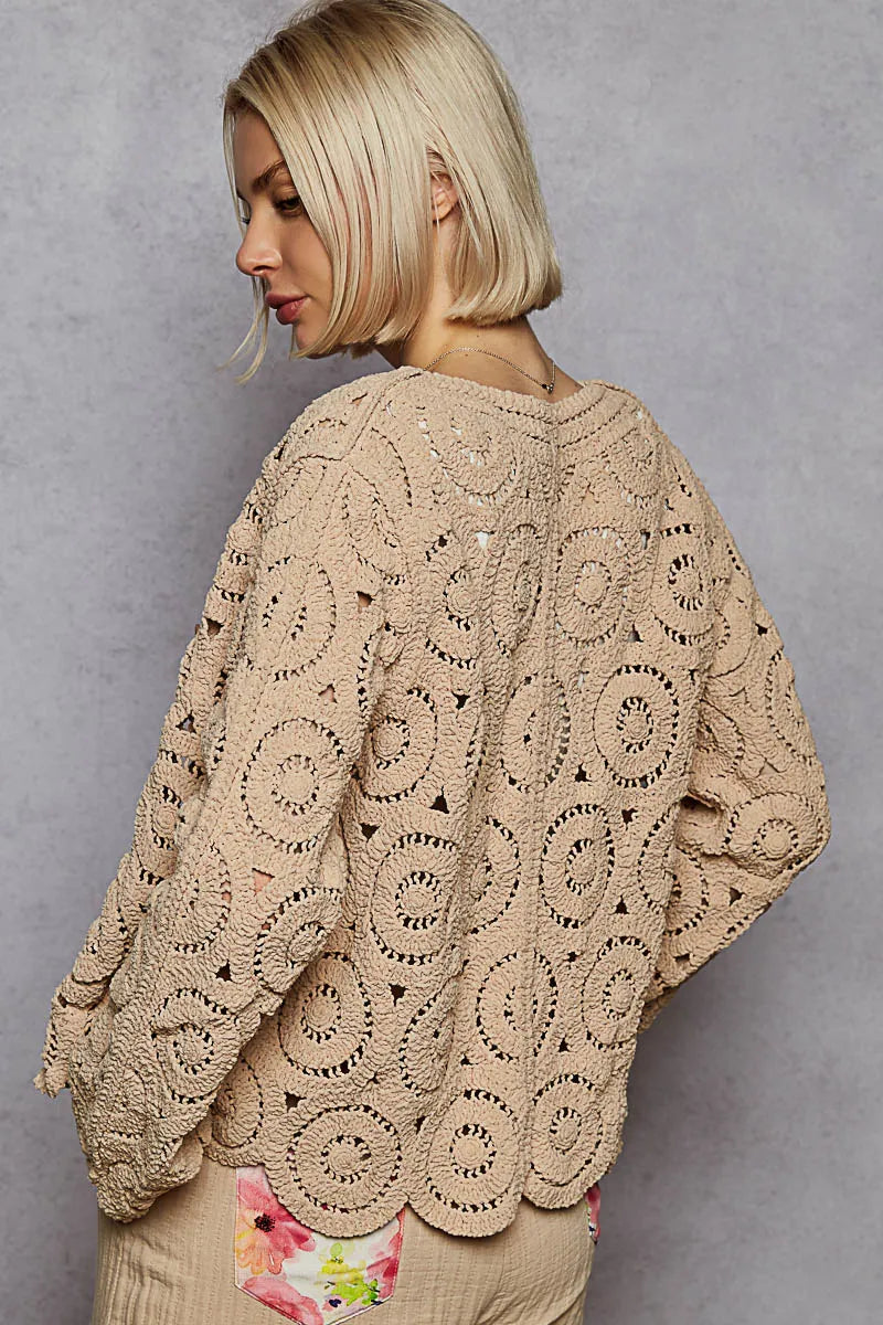 POL Button Down V-Neck Crochet Cardigan