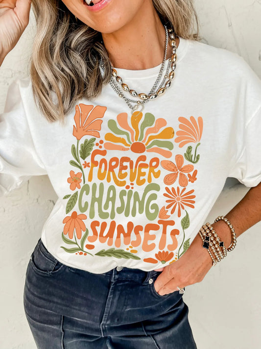 FOREVER CHASING SUNSETS Round Neck T Shirt White