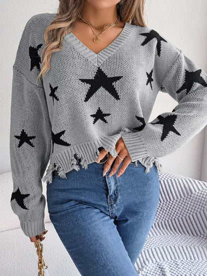 Star Pattern V-Neck Distressed Sweater