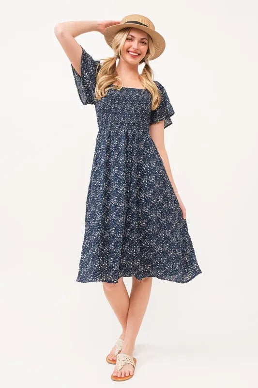 Lime 'N' Chili Smocked Floral Print Flutter Sleeve Midi Dress