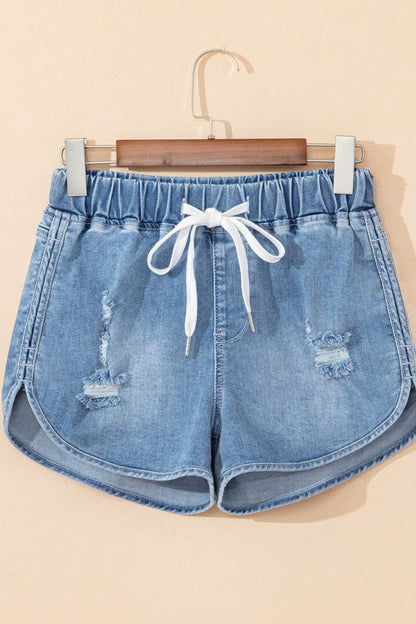 Drawstring High Waist Distressed Denim Shorts